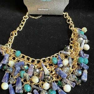 Gold and Blue Statement Necklace with semi precious stones